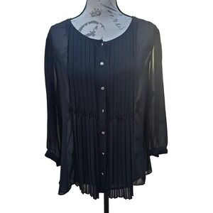 Talbots 26R NWT Black Petite Pleated Sheer Button Front 3/4 Sleeve Blouse Top 16